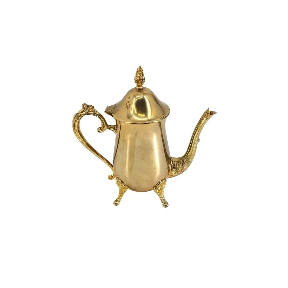 Shiny Brass/Gold Regency Lidded Coffee Pot Vintage Tablescape 9in Tall